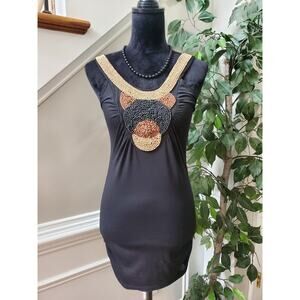 Dots Beaded Black Polyester Round Neck Sleeveless Casual Top Blouse Size Small